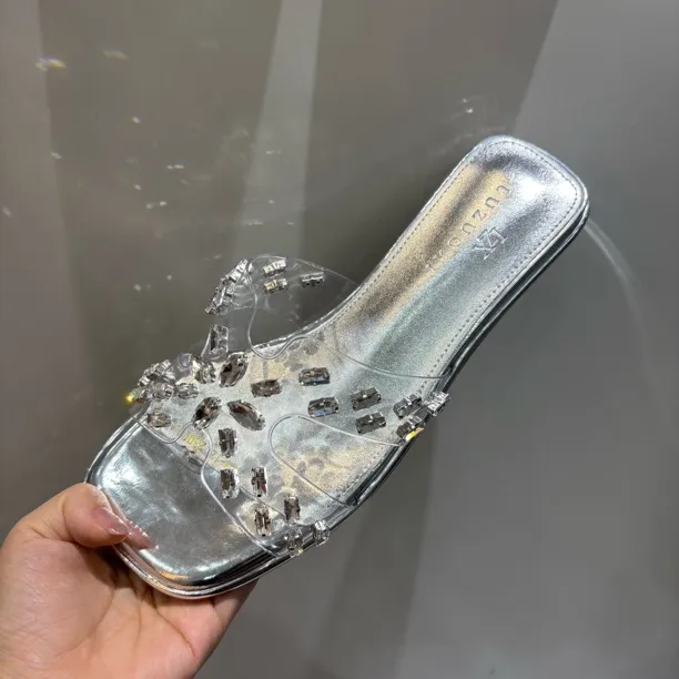 水钻纯色修面一字带低跟拖鞋