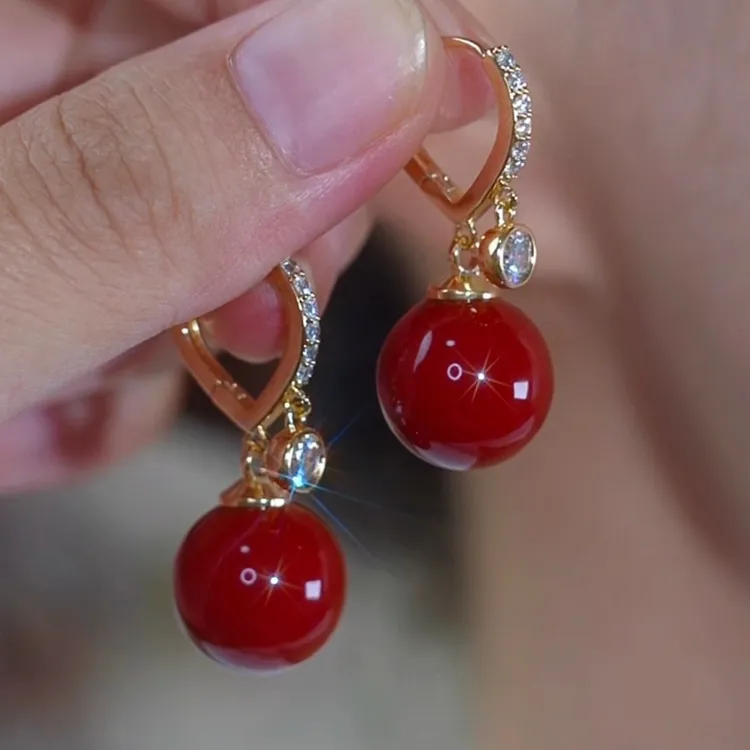 925银耳饰 DY级感法式红色珍珠耳扣女轻奢百搭灵动镶钻耳环气质时