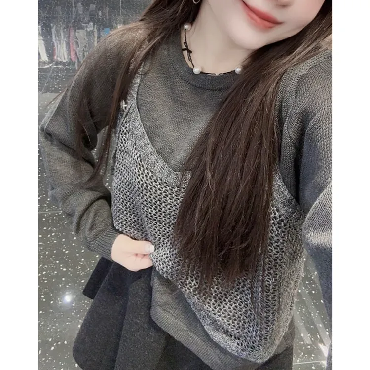 韩版减龄撞色软糯套头针织上衣女春季新款慵懒风宽松薄款显瘦小衫