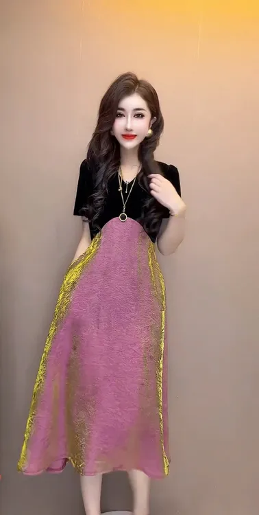 夏季气质新中式短袖丝绒拼接撞色高级感长款A字连衣裙