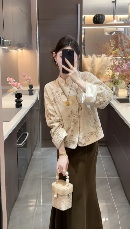 【周粥】【秋意浓】2025秋季新款中式竹子印花植绒亮片外套JJQ5WT5338