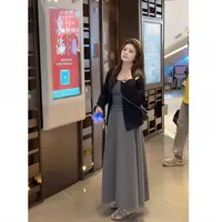 秋季套装女老钱风新款大码条纹吊带长袖开衫外套显瘦半身裙三件套