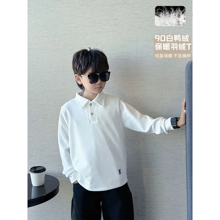 男童冬季新款保暖纯色POLO领压花长袖加绒90白鸭绒打底衫内搭