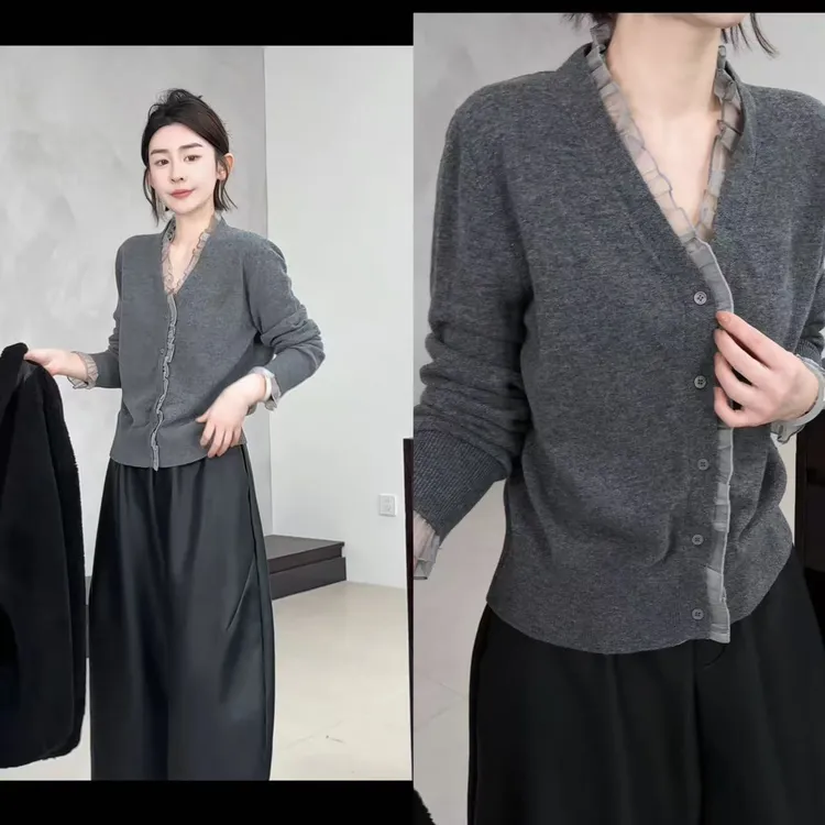 玖了个玖2025秋冬新款V领开衫毛针织衫千金风蕾丝边针织2512C9015