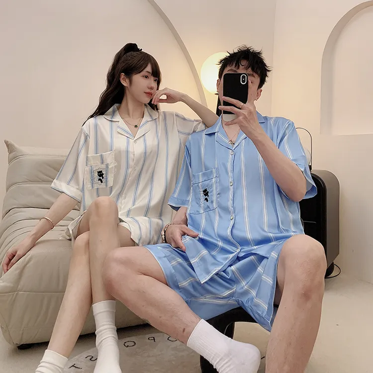 猫咪情侣睡衣女夏季冰丝短袖2025年新款韩版条纹一男一女家居服