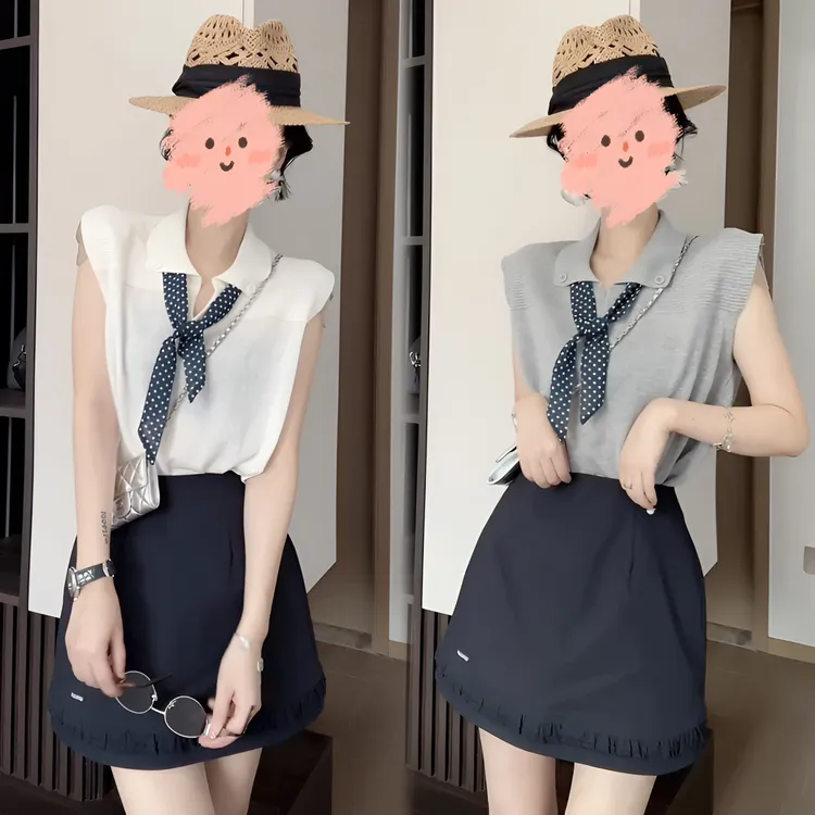2025女士夏季洋气时尚新款针织衫圆领拼接无袖上衣套装休闲半身裙