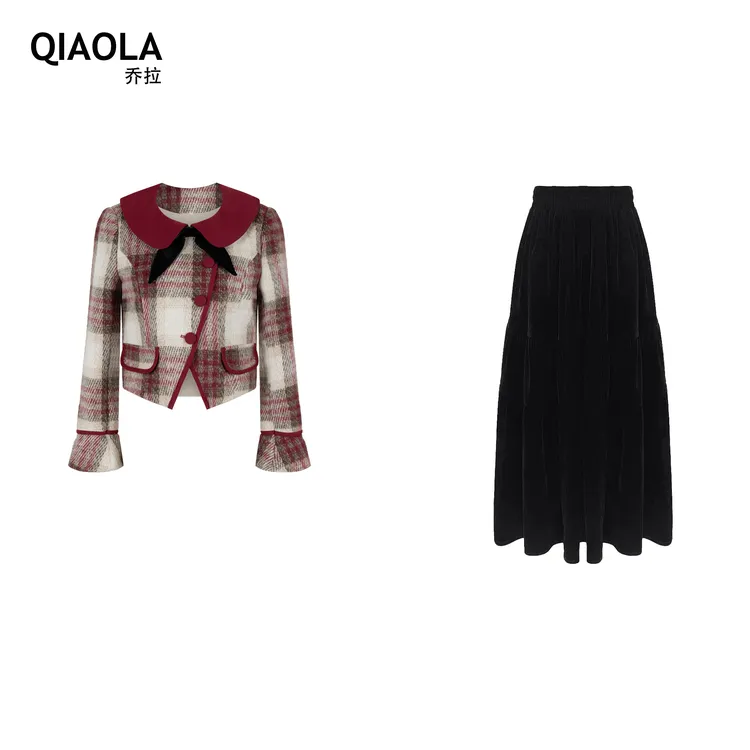 QIAOLA/乔拉【红桃热恋】秋冬款格纹毛呢外套轻奢减龄时尚套装