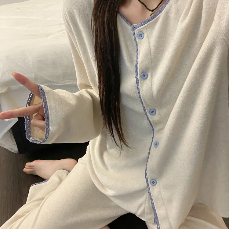 慵懒风撞色双层德绒睡衣女冬季2025新款长袖长裤家居服套装可外穿