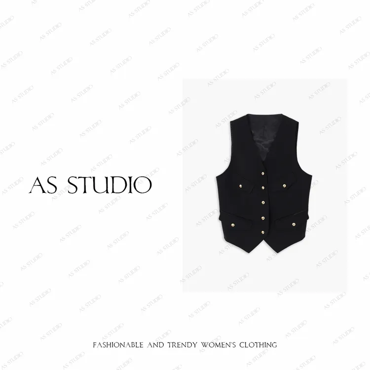 【AS女精英】25新极简高级金属排扣V领收腰马夹AS25QM03320