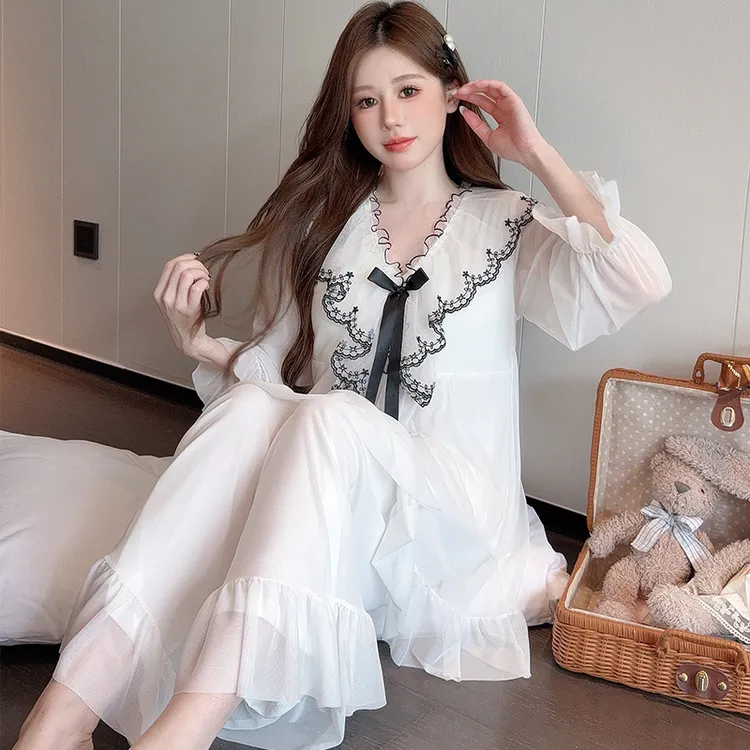 睡衣女秋长袖带胸垫法式蕾丝网纱纯欲宫廷风公主仙女风家居服套装