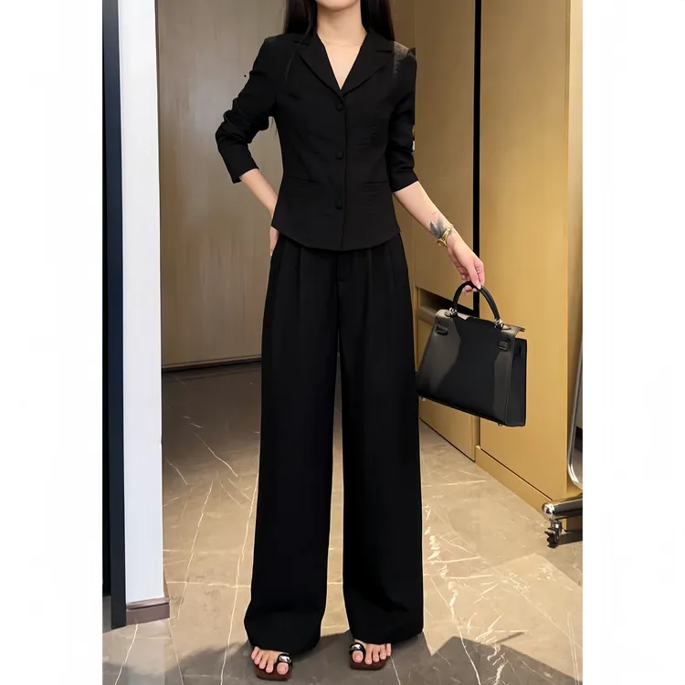2025新款时尚套装V领长袖衬衫宽松阔腿裤休闲两件套