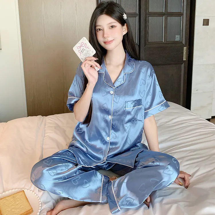 【心有灵犀】高级感甜美爱心提花冰丝睡衣女士春夏季短袖ins风套装