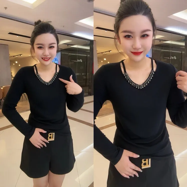 超美水钻慕斯绒V领衫显瘦长袖网红洋气针织时尚百搭修身