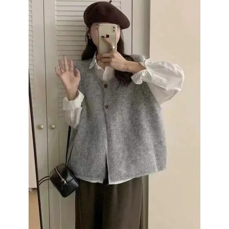 韩系文艺复古针织马甲秋冬新款宽松百搭叠穿无袖坎肩背心上衣2408