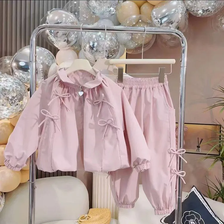 女童蝴蝶结外套2025春秋款大童立领夹克棒球服网红时髦上衣套装