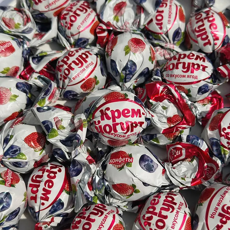 俄罗斯进口康吉konti奶油酸奶浆果味草莓夹心糖果结婚喜糖零食批