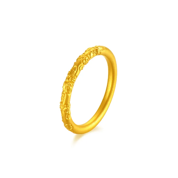 999足金古法素圈黄金戒指珠宝樱花卷草纹女戒纯金对戒生日礼物