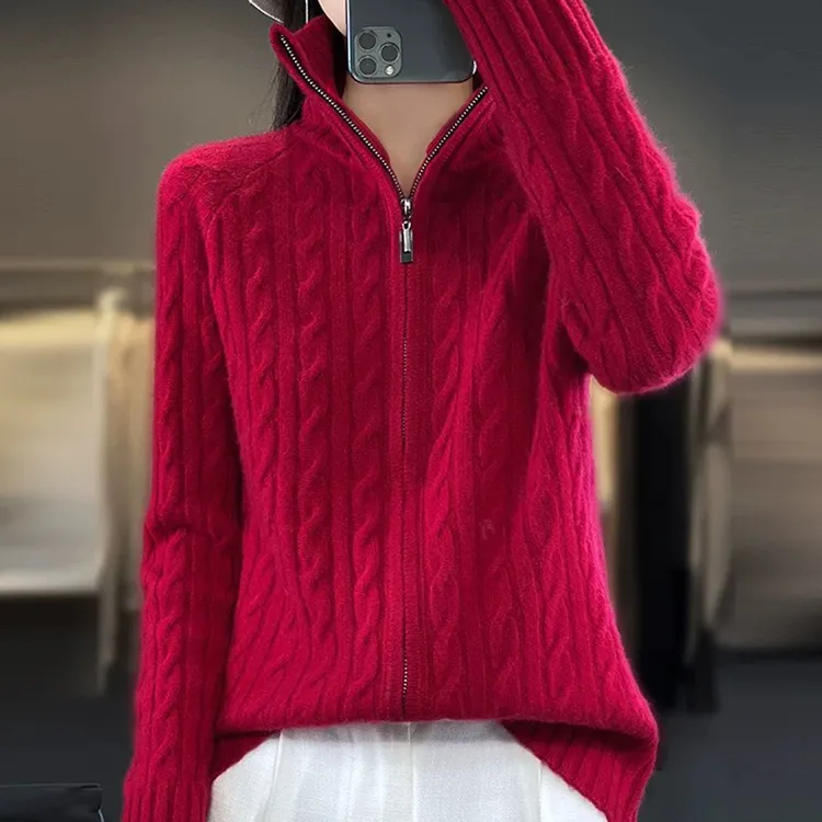 100%纯羊绒女秋冬百搭宽松加厚拉链针织开衫外套立领羊毛外穿毛衣