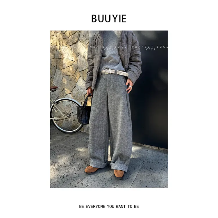 BUUYIE【苏栝】含羊毛休闲裤2025新款冬季宽松阔腿裤251337
