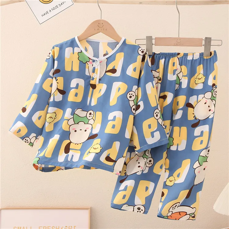 男童儿童睡衣夏季薄款空调服透气宝宝中童大童女童棉绸家居服套装