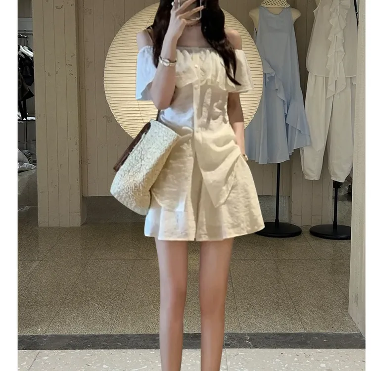 2025夏季高级感一字肩荷叶边衬衫上衣杏色高腰阔腿休闲裤两件套装