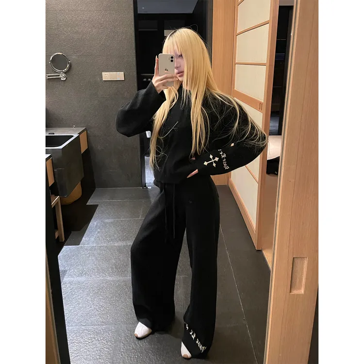 Rase le sol‘Cross Covenant’十字提花黑色毛衣针织阔腿裤套装