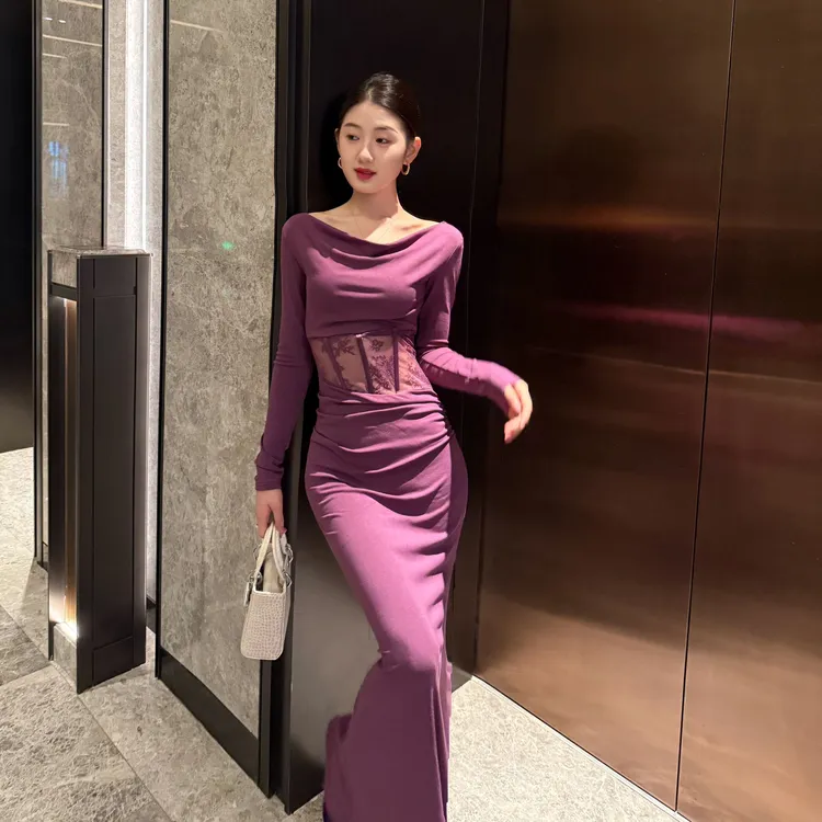 紫色纯欲风性感蕾丝镂空鱼骨连衣裙高级轻奢气质名媛包臀打底长裙