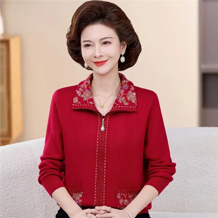 妈妈春秋羊毛外套翻领拉链针织开衫中老年女装毛衣开衫宽松上衣