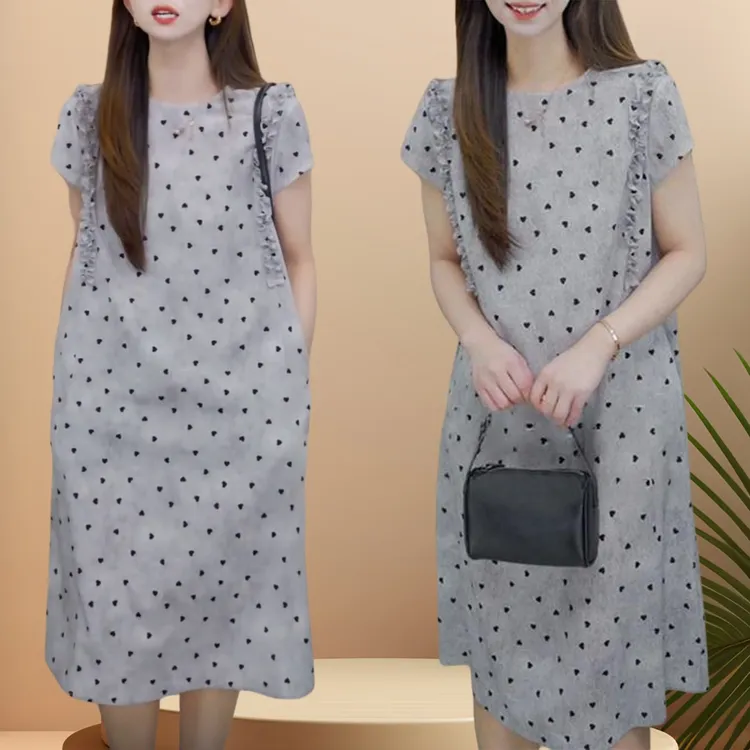 圆领设计感木耳花边连衣裙2025夏季新款法式韩版短袖波点印花裙女