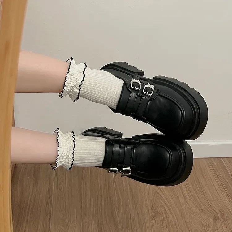 厚底小皮鞋女2025春季新款粗跟黑色金属蝴蝶增高英伦复古乐福单鞋