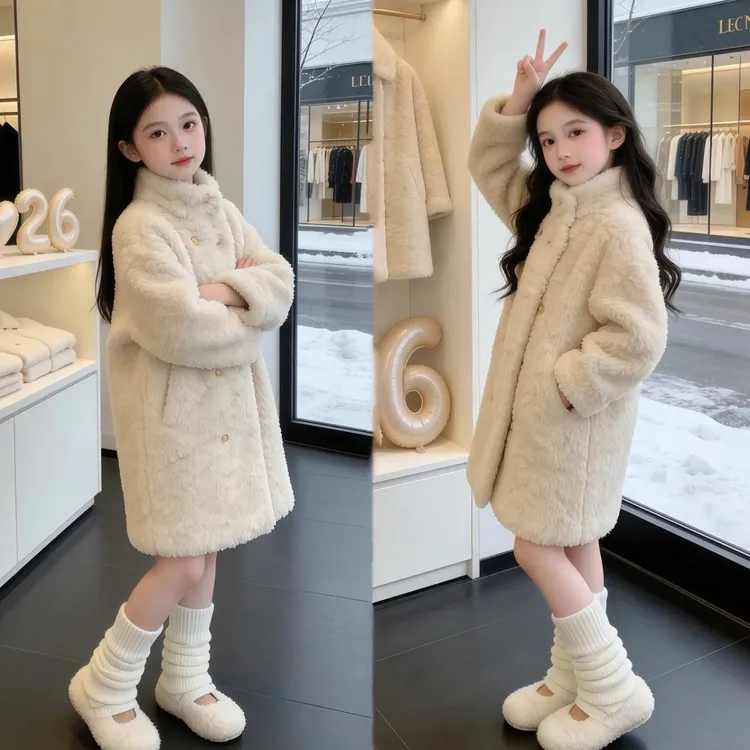 女童新款环保羊羔毛皮毛一体大衣儿童洋气宝宝中长款秋冬韩版