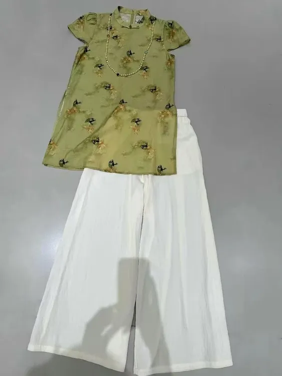 【YA JUN JIA】柏多伊丽1713新中式夏季印花上衣搭配阔腿裤套装女