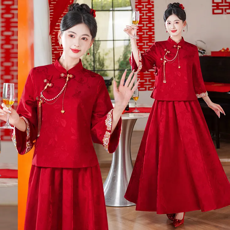 新中式秀禾服夏季新娘敬酒服大码酒红色订婚宴礼服女胖mm婚服宽松