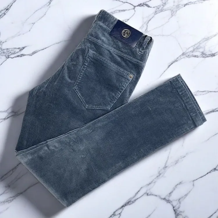 秋冬高档灰色男士修身灯芯绒裤子国潮复古老钱风小直筒灯芯绒男裤