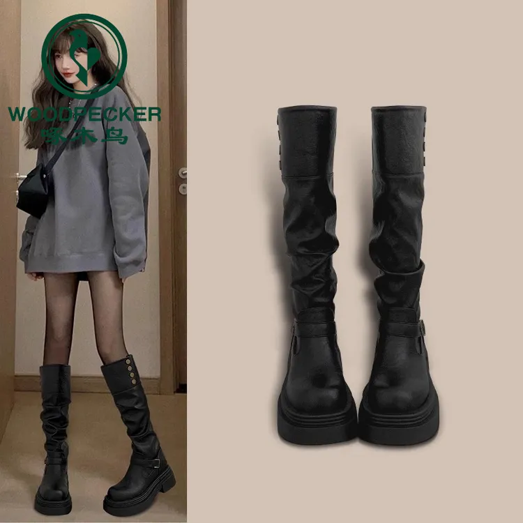 啄木鸟复古英伦风粗跟厚底长筒靴女2024新款秋冬显瘦长靴骑士靴子