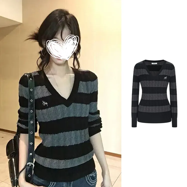 Moses Queen/魔西女王V领条纹麻花毛衣冬撞色修身针织打底衫上衣