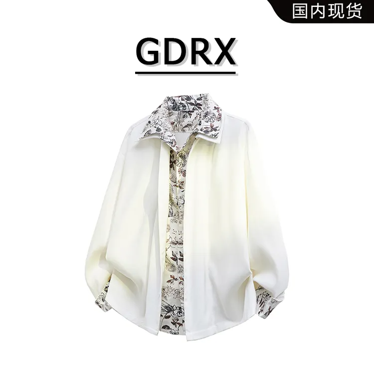 GDRX美式复古长袖衬衫男2025春秋新款假两件花领痞帅高级感衬衣