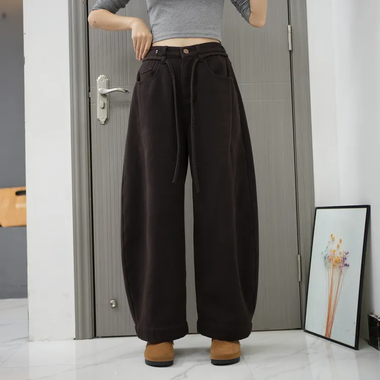2025秋冬加厚加绒哈伦老爹裤显瘦百搭女士宽松高腰阔腿牛仔长裤子