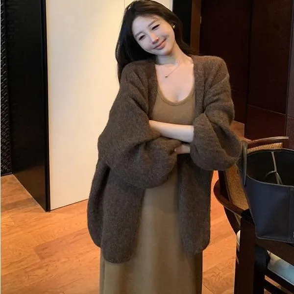 FAVMARTHA美拉德复古咖色毛衣外套女秋冬慵懒高级感宽松中长款针
