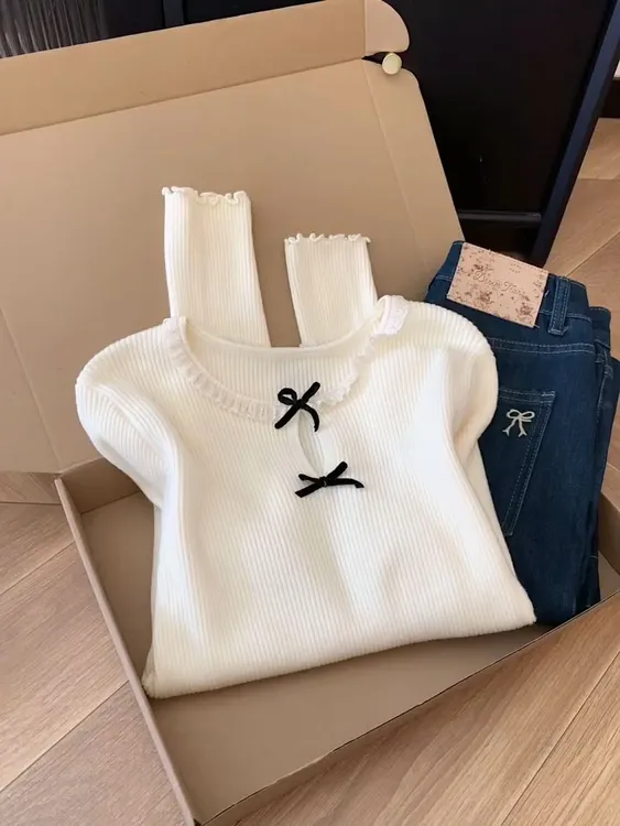 韩版温柔风女秋冬设计感小众高端蝴蝶结长袖毛针织打底衫内搭上衣