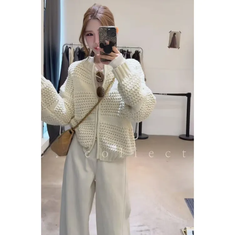 巨好看的白色拉链毛衣外套女秋冬宽松慵懒风针织开衫早秋chic上衣