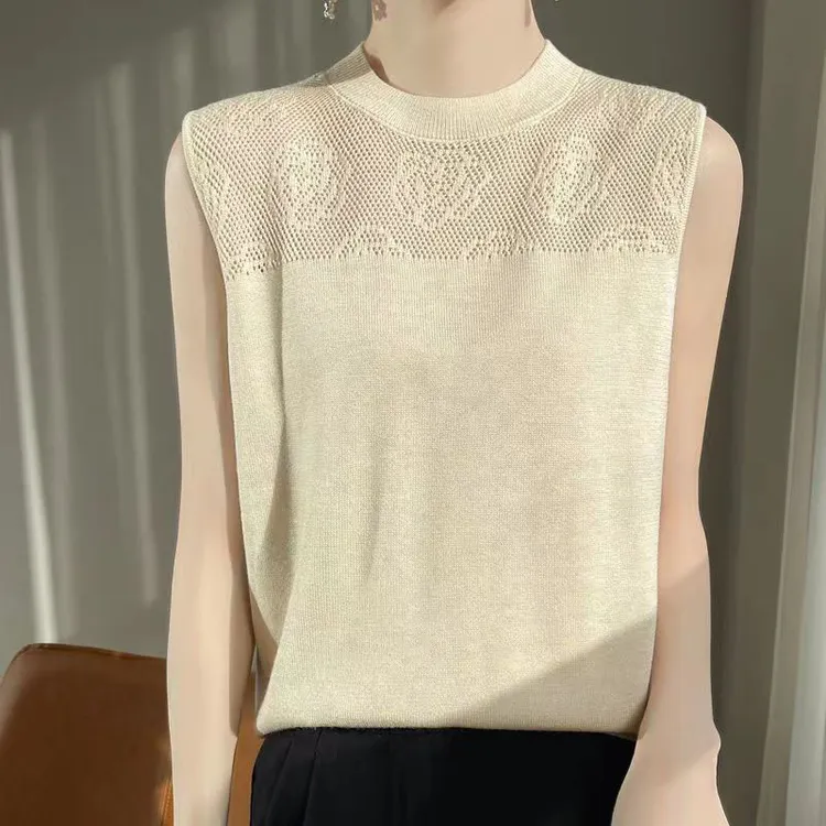 2025春季新款真丝圆领休闲时尚镂空针织显瘦背心新品桑蚕丝打底女