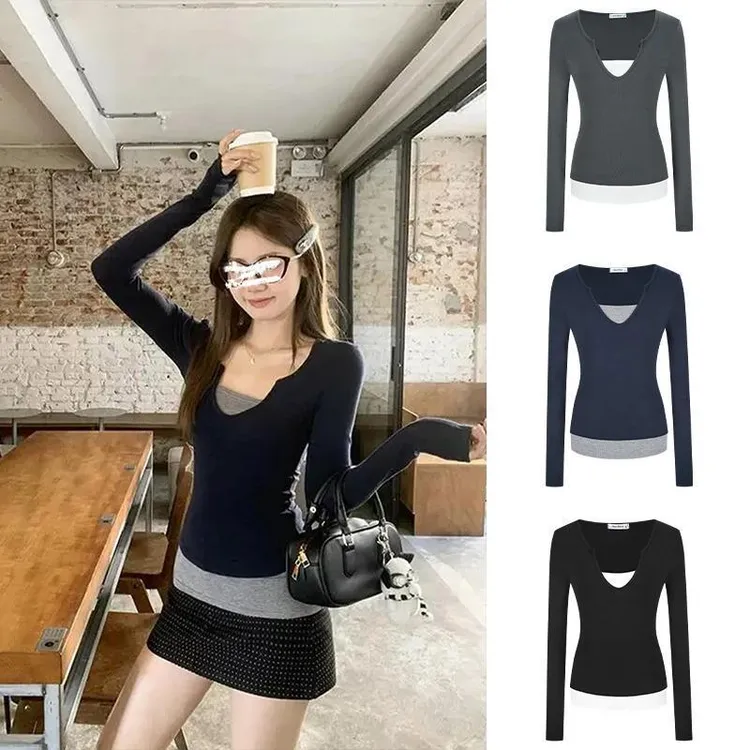纯欲辣妹美式V领假两件长袖T恤女春夏新款撞色修身内搭显瘦上衣
