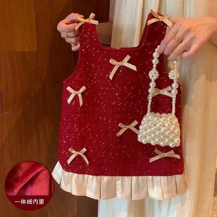 女童加绒背心裙2025新款周岁礼服小童女宝宝可爱洋气公主裙冬装潮