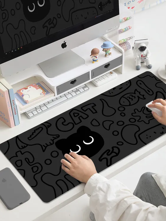 卡通小黑猫鼠标垫子女生可爱超大办公桌笔记本电脑桌垫耐脏键盘垫