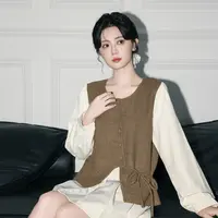 咖色假两件长袖衬衫女春秋2025秋新款不规则绑带收腰衬衣短款上衣