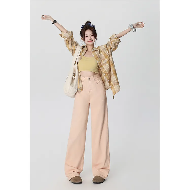 高腰阔腿牛仔裤女秋季欧若智性风纯棉休闲百搭垂坠感窄版阔腿裤