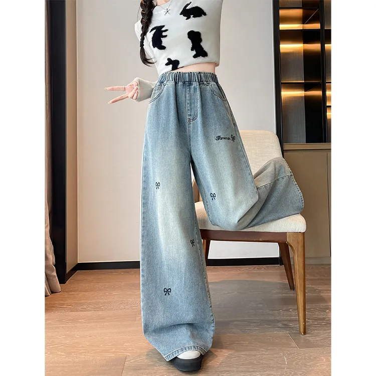 胖mm大码牛仔裤女秋冬加绒直筒阔腿宽松紧高腰学生加肥女装200斤