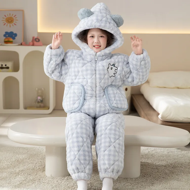 三层夹棉女童冬季法兰绒睡衣大童加绒加厚套装儿童公主洋气家居服
