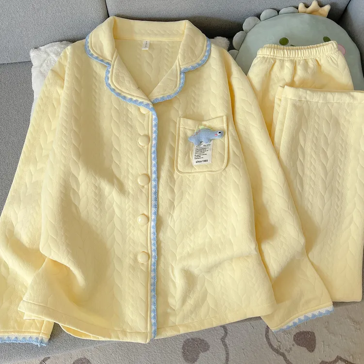 睡衣女秋冬季2025年新款空气棉夹层长袖可外穿加厚保暖家居服套装